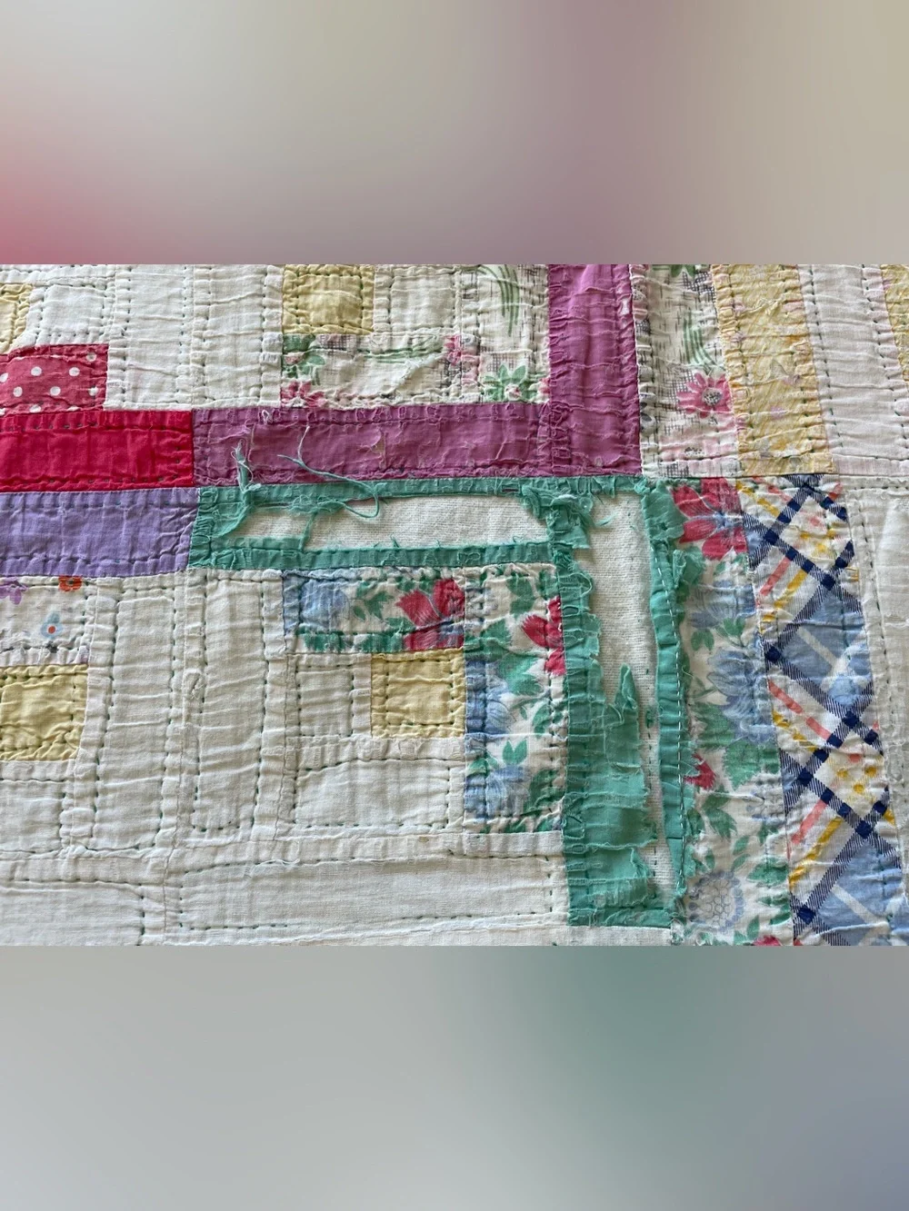 Vintage 1930s 40s Feedsack Log Cabin Quilt Hand Quilted Cutter Folk Art